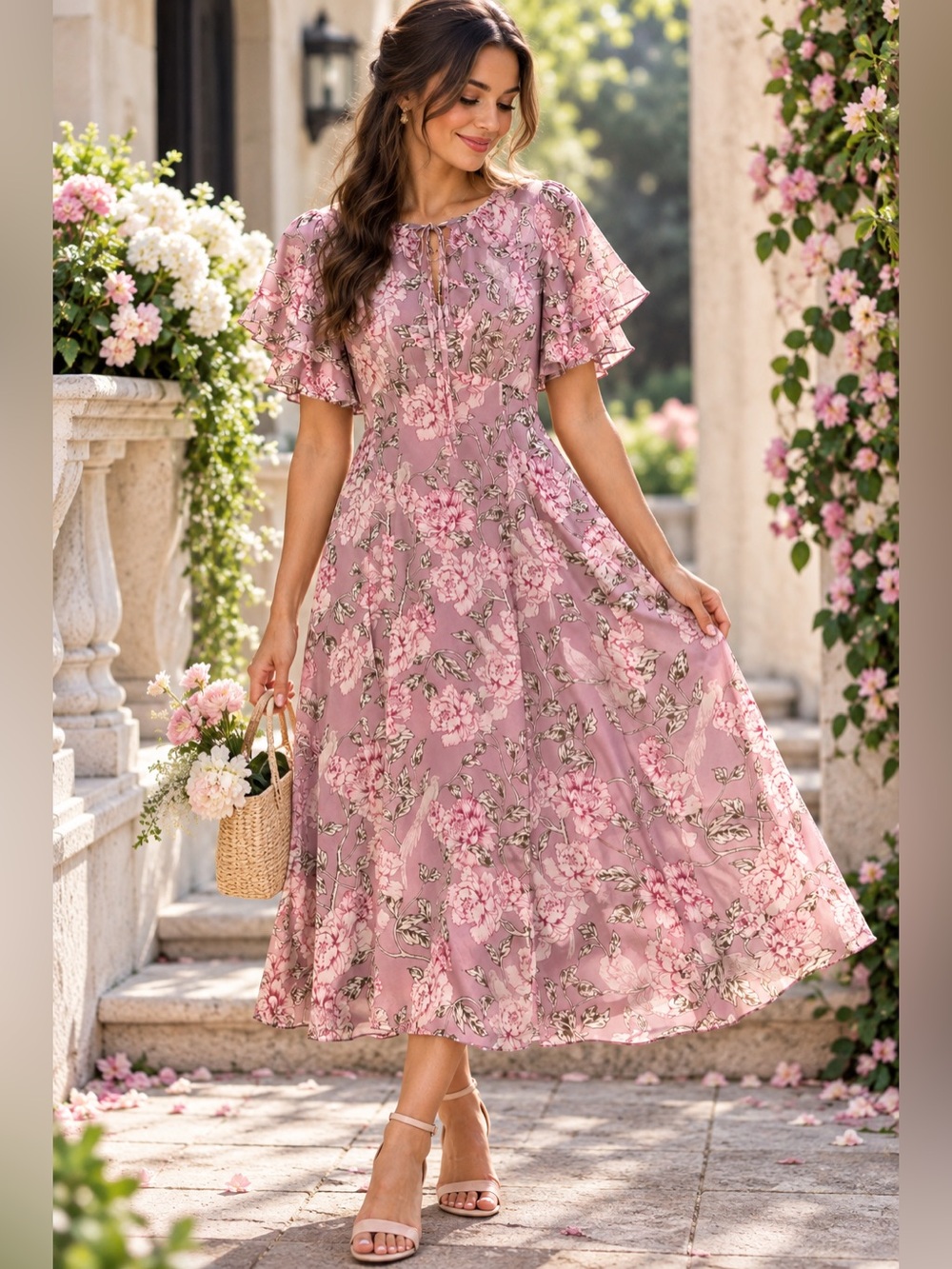 Gal Meets Glam Shelby Floral Midi Dress Mauve Pink Flutter Sleeve Size 0P